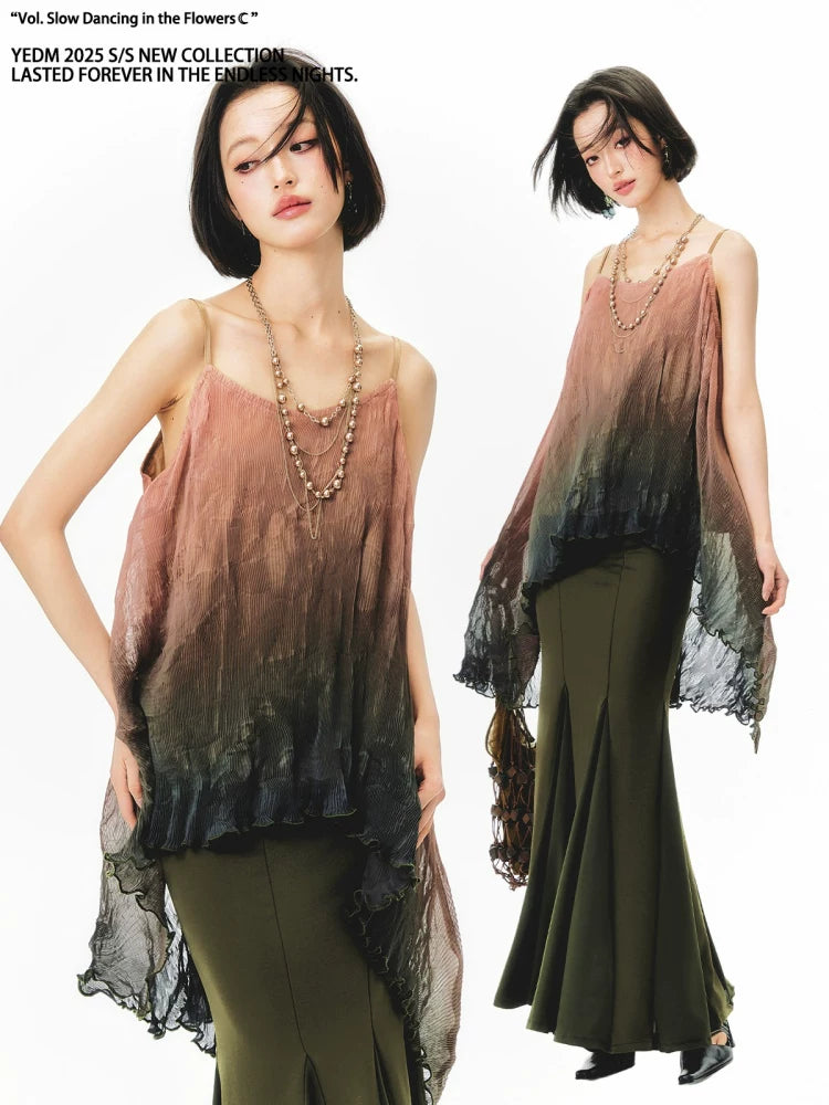 YEDM Tie-dye Gradual Change Suspender Fishtail Skirt Set
