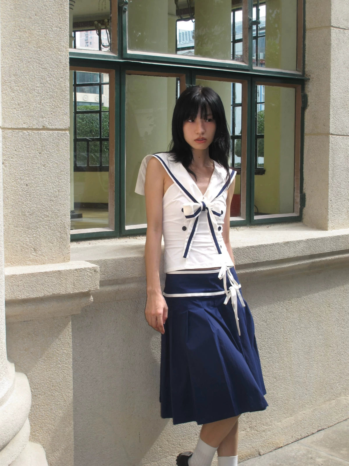 Enteralt Waist Vest Lace-up Pleated Skirt Set