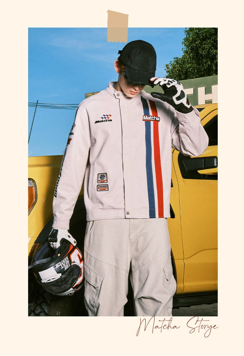 MATCHA STORY Motorcycle Racing Style Embroidered Stand-up Collar Jacket