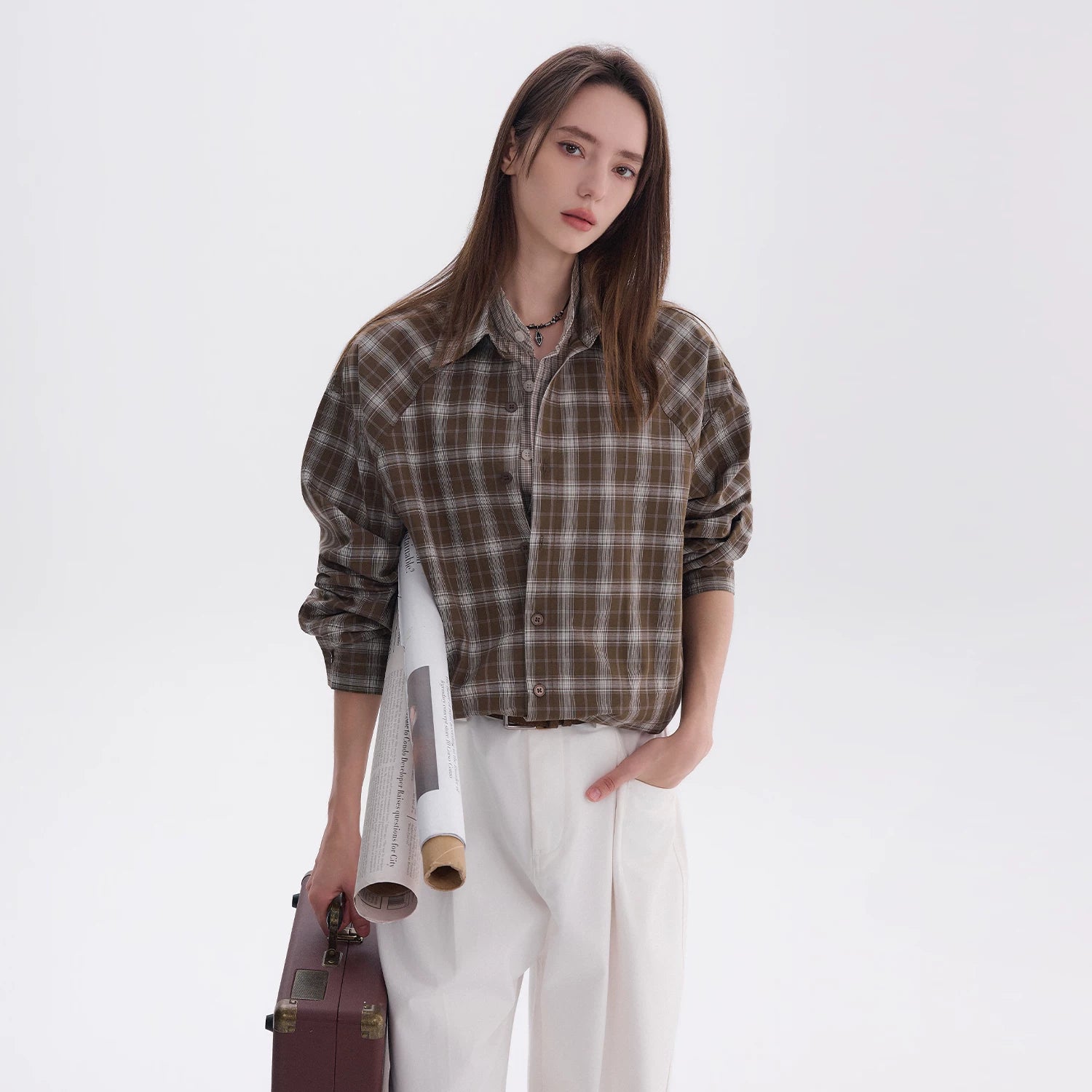 CHOR Vintage Fake Two-piece Casual Long-Sleeve Checked Shirt