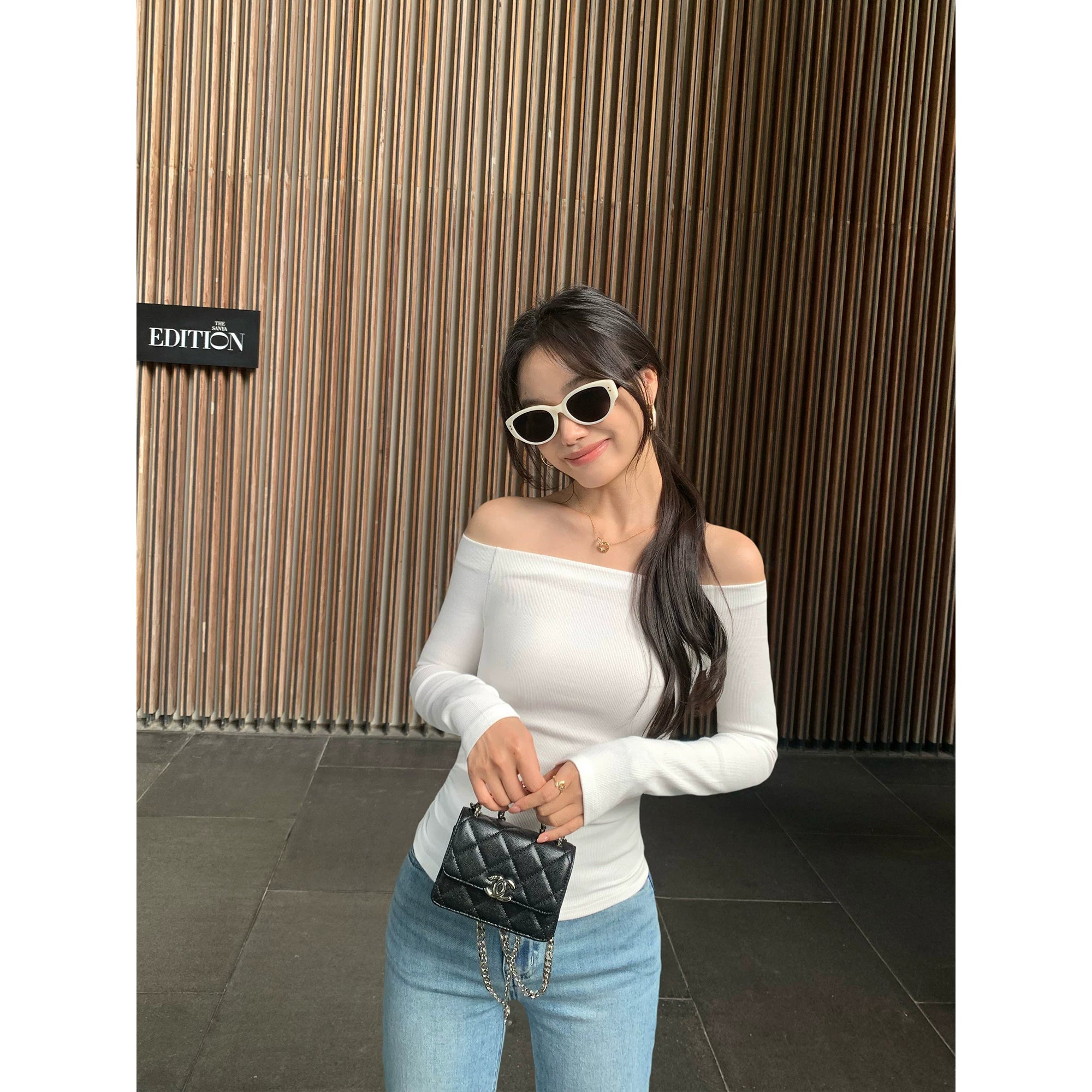 Pusumede Temperament Word Shoulder Slim Pleated Long Sleeves
