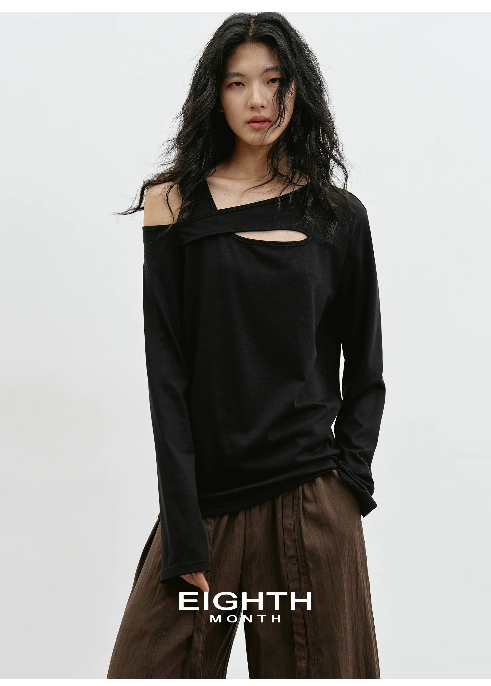 EIGHTHMONTH Slash Shoulder Hollow Loose Long Sleeve