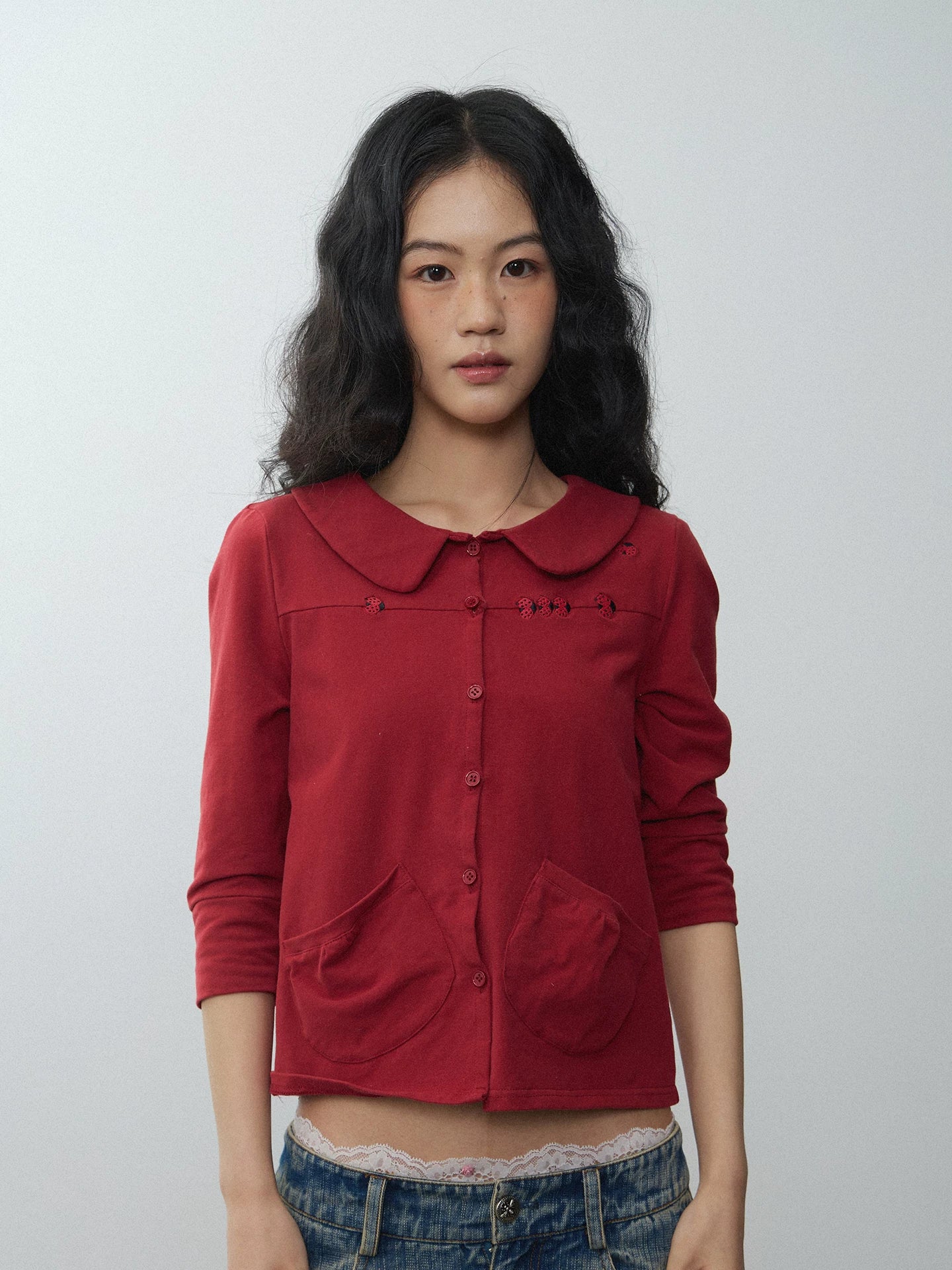 In Two Twos Beetle Embroidered Doll Collar Half Sleeve Shirt