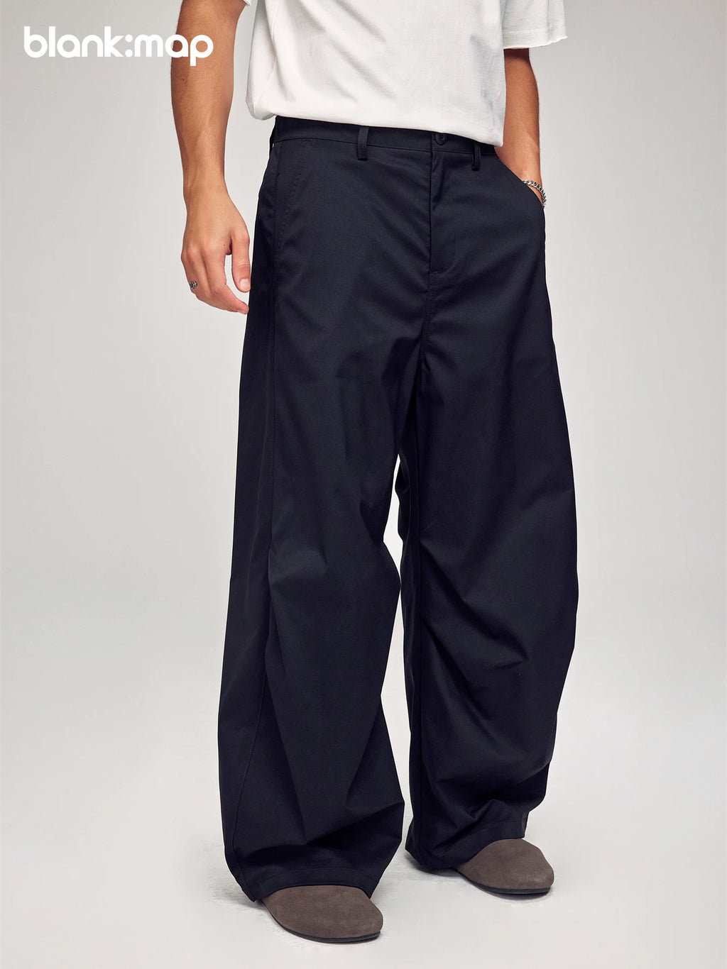 Blank Map Elastic Waist Casual Loose Pleated Wide Leg Pants