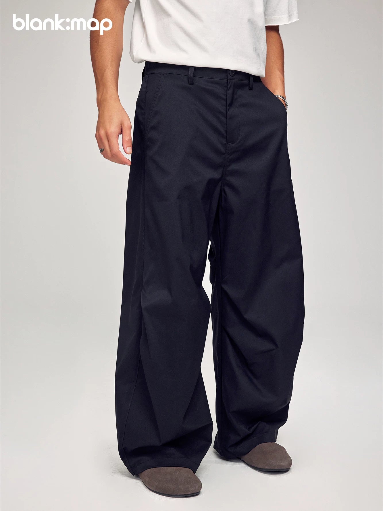 Blank Map Elastic Waist Casual Loose Pleated Wide Leg Pants