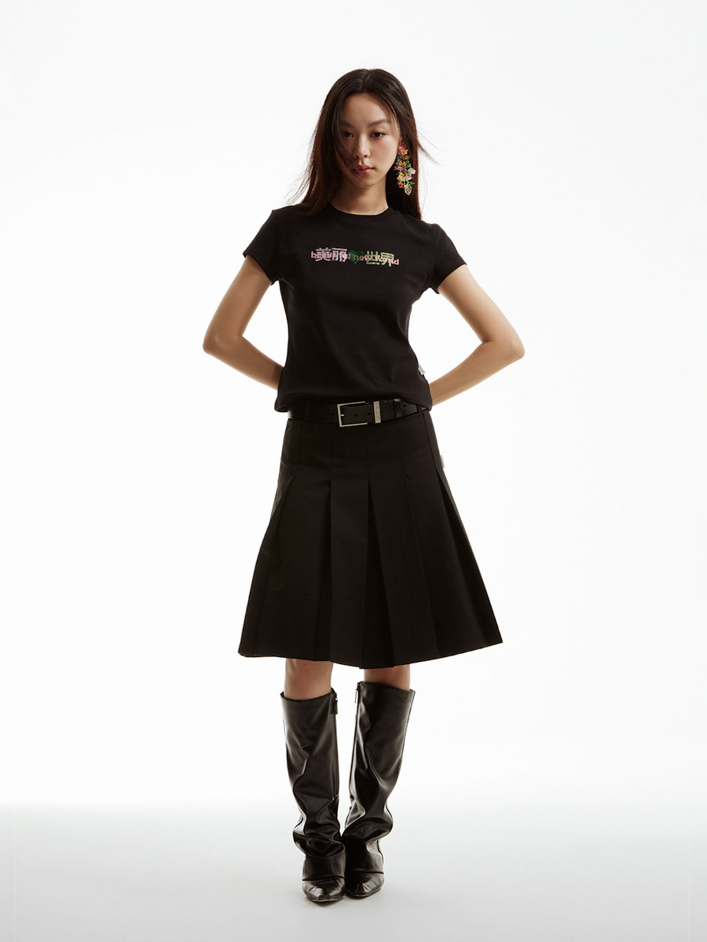 FUNKYFUN Printed Front Shoulder Thread Elastic Tee