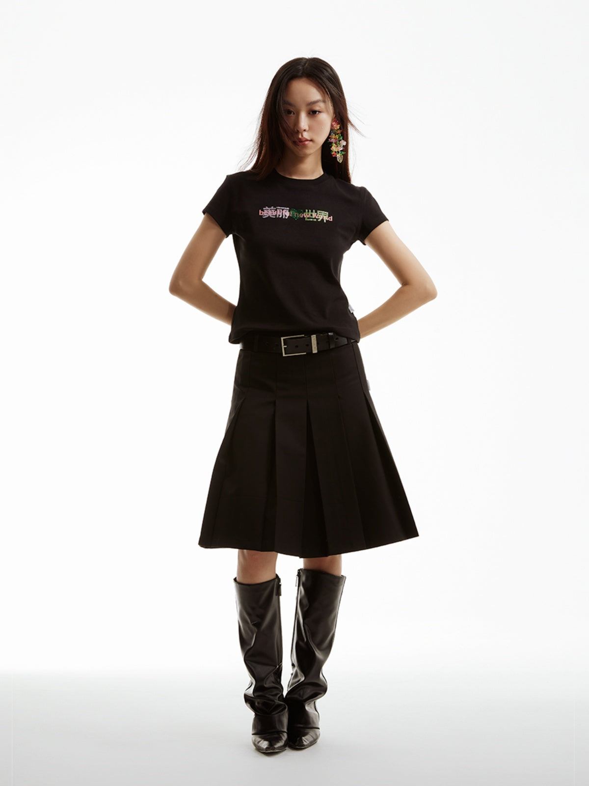 FUNKYFUN Printed Front Shoulder Thread Elastic Tee