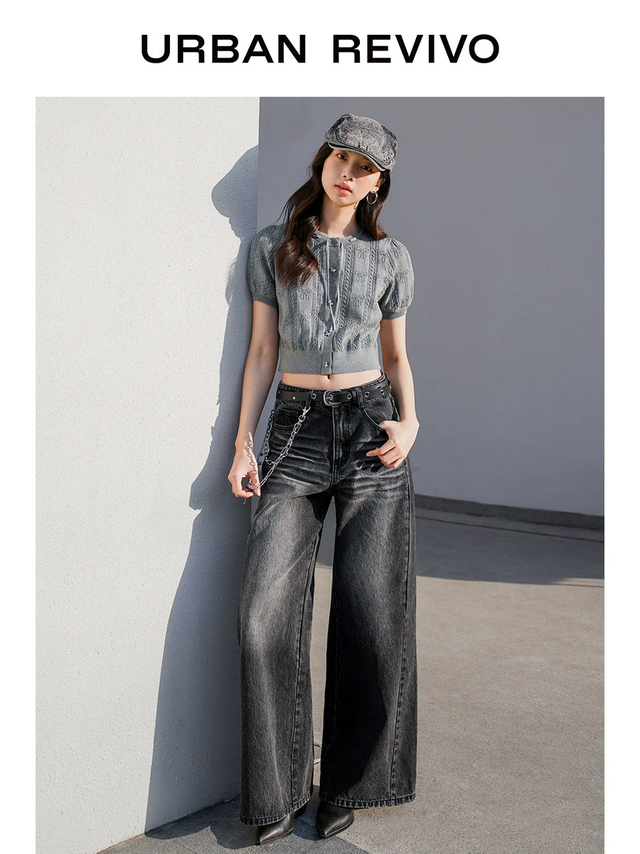 URBAN REVIVO Bow Texture Lace-up Short-sleeved Knitted Sweater