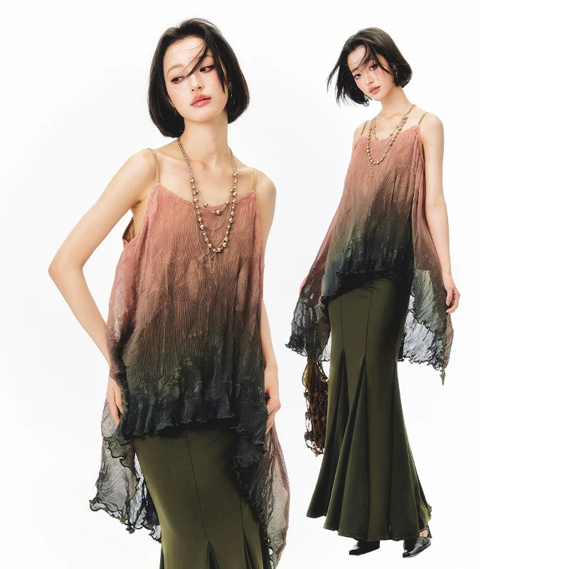 YEDM Tie-dye Gradual Change Suspender Fishtail Skirt Set