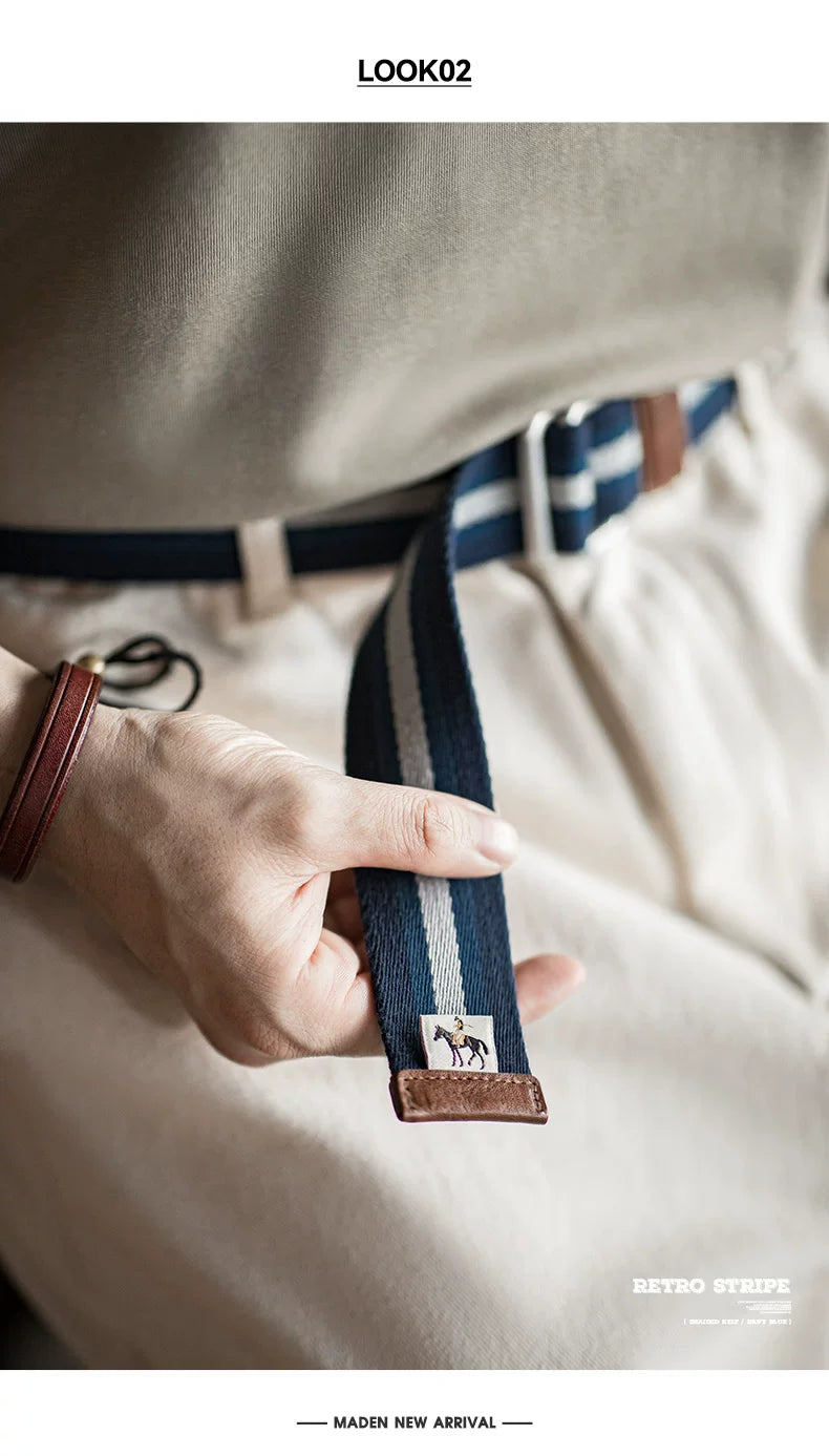 Maden No-Punch Elastic Braided Double Loop Buckle Striped Belt