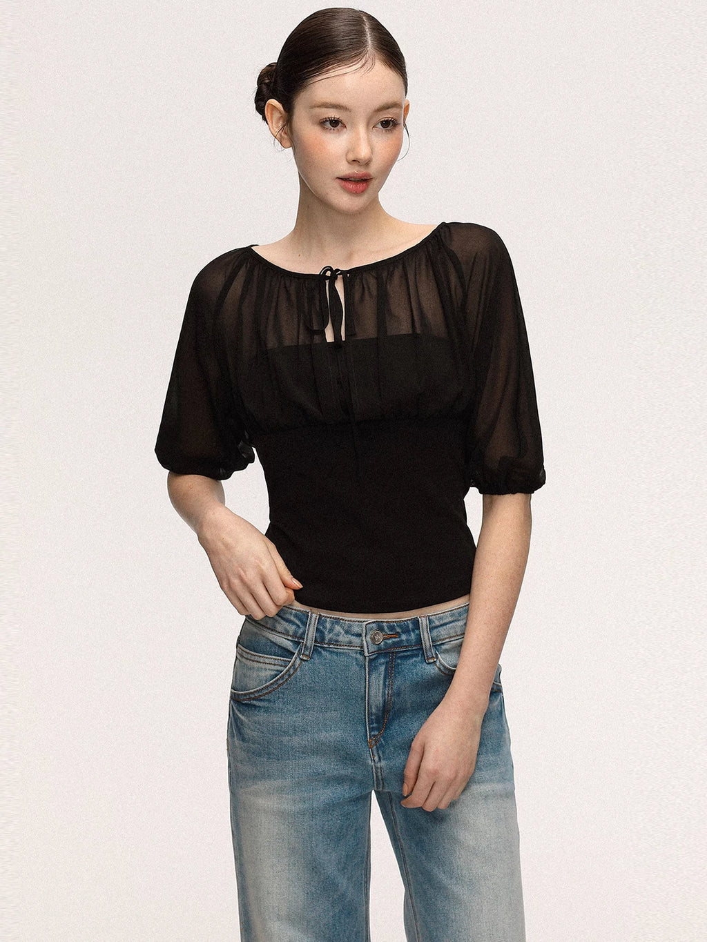 Anna Aneae Mesh Stitching Lace-up Waist and Thin Tee