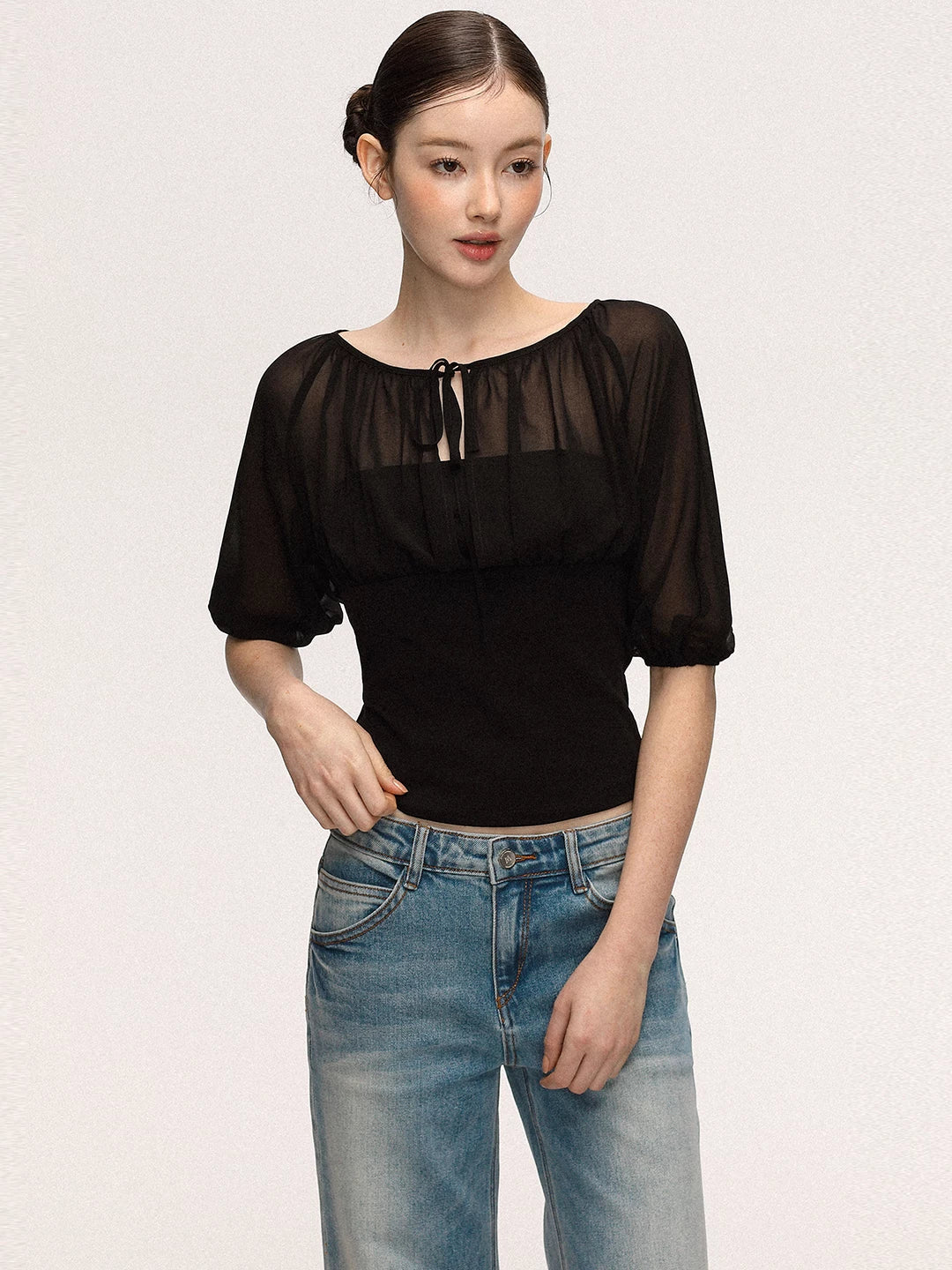 Anna Aneae Mesh Stitching Lace-up Waist and Thin Tee