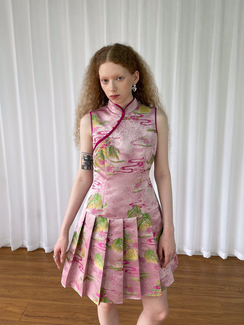 Loosesmell Pleated Thin Jacquard Sleeveless Cheongsam Skirt