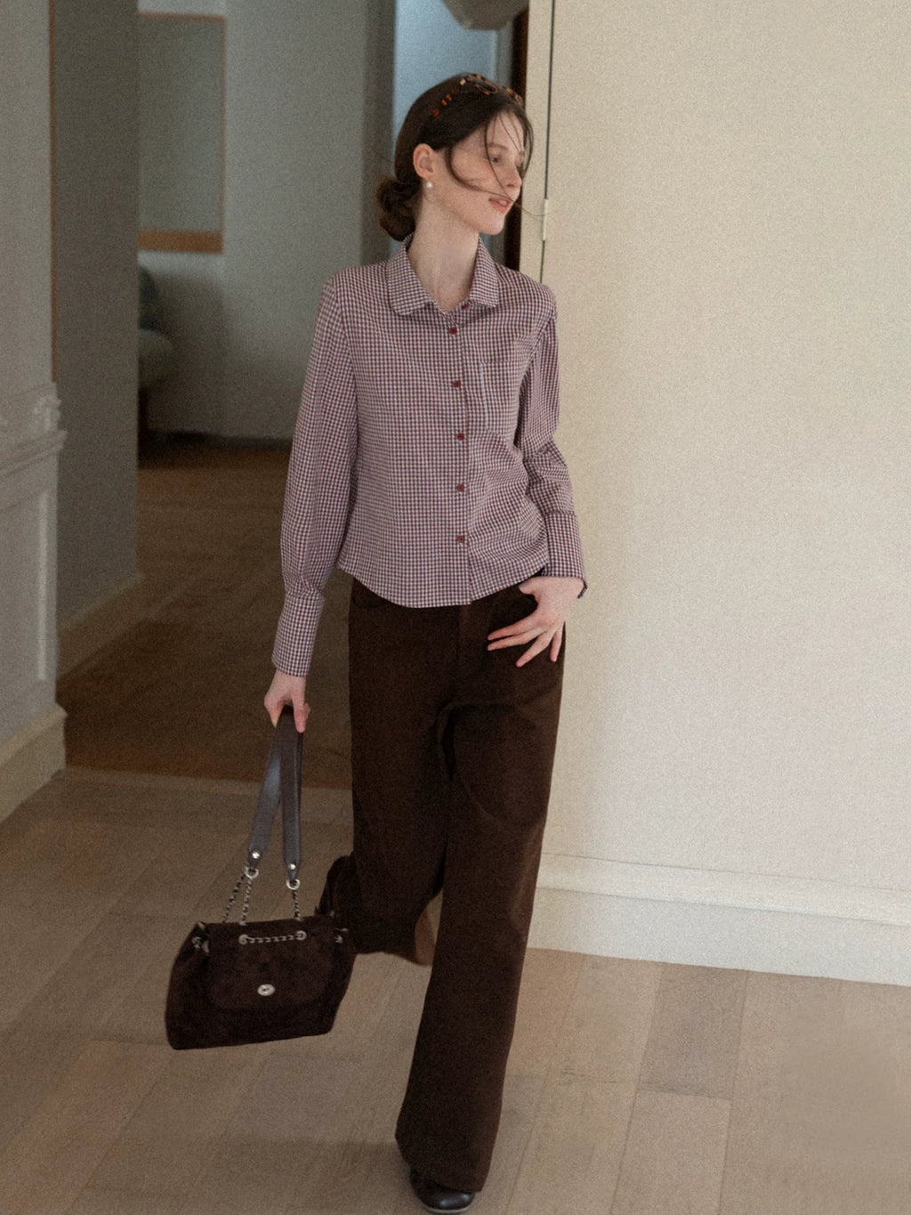 EGGKA Lapel Retro Plaid Pocket Long-sleeved Shirt