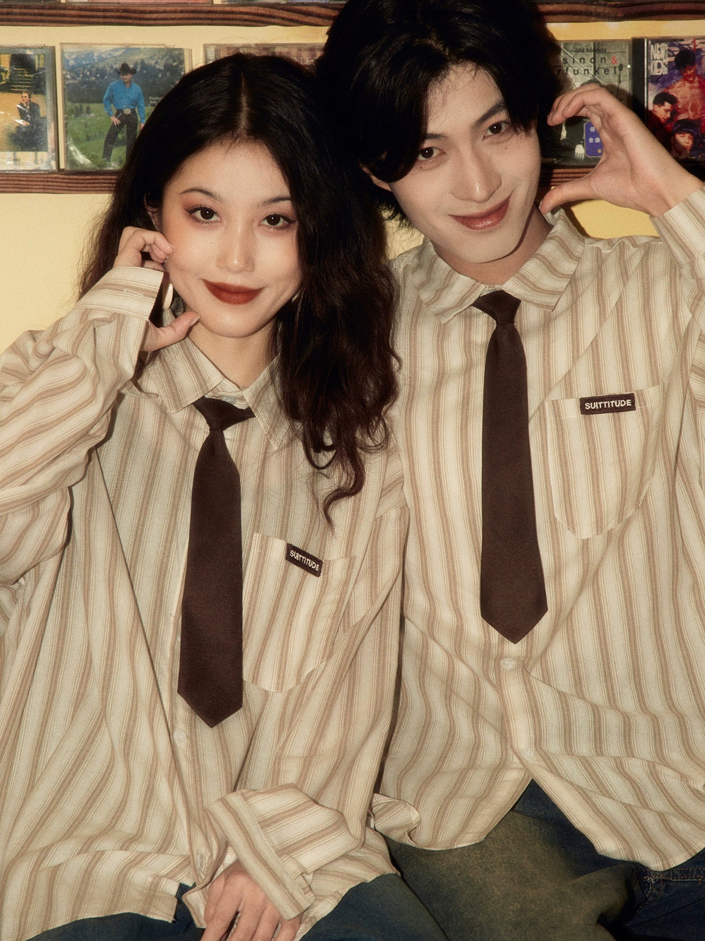 ALOHA Vintage Hong Kong Style Tie Long Sleeve Striped Shirt