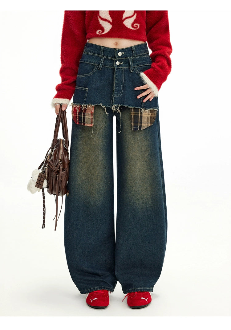 UNIFREE Fake Two-piece Stacked Straight Jeans