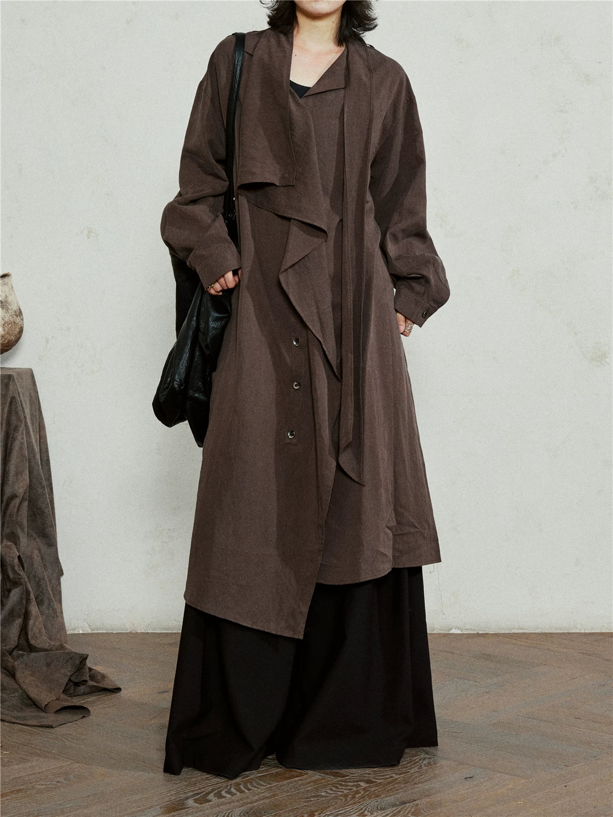 SUNYVONNE Asymmetrical Large Lapel Long Belted Coat