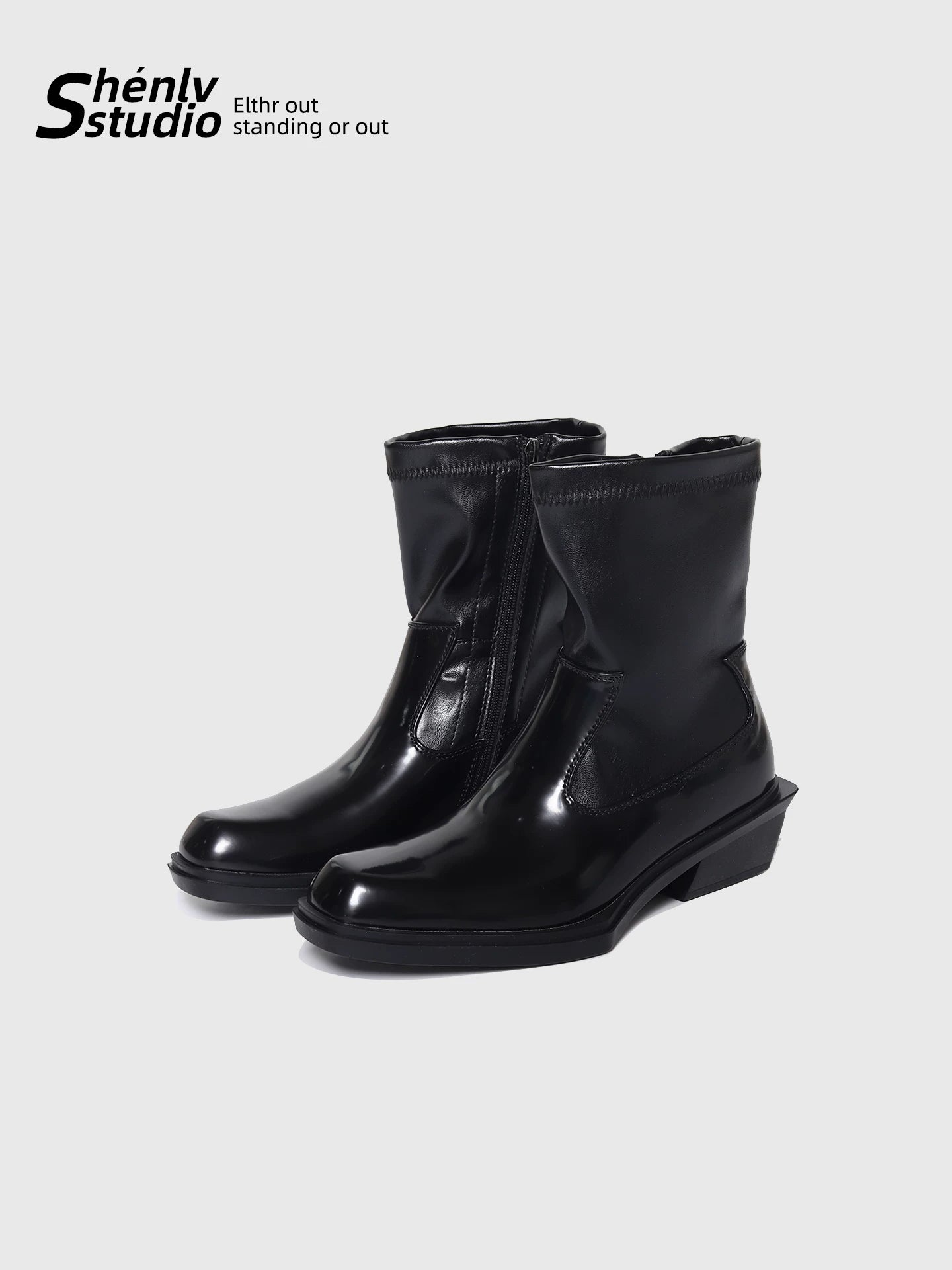 SHENLV STUDIO Glossy Side Zipper High Heel Square Head Leather Shoes