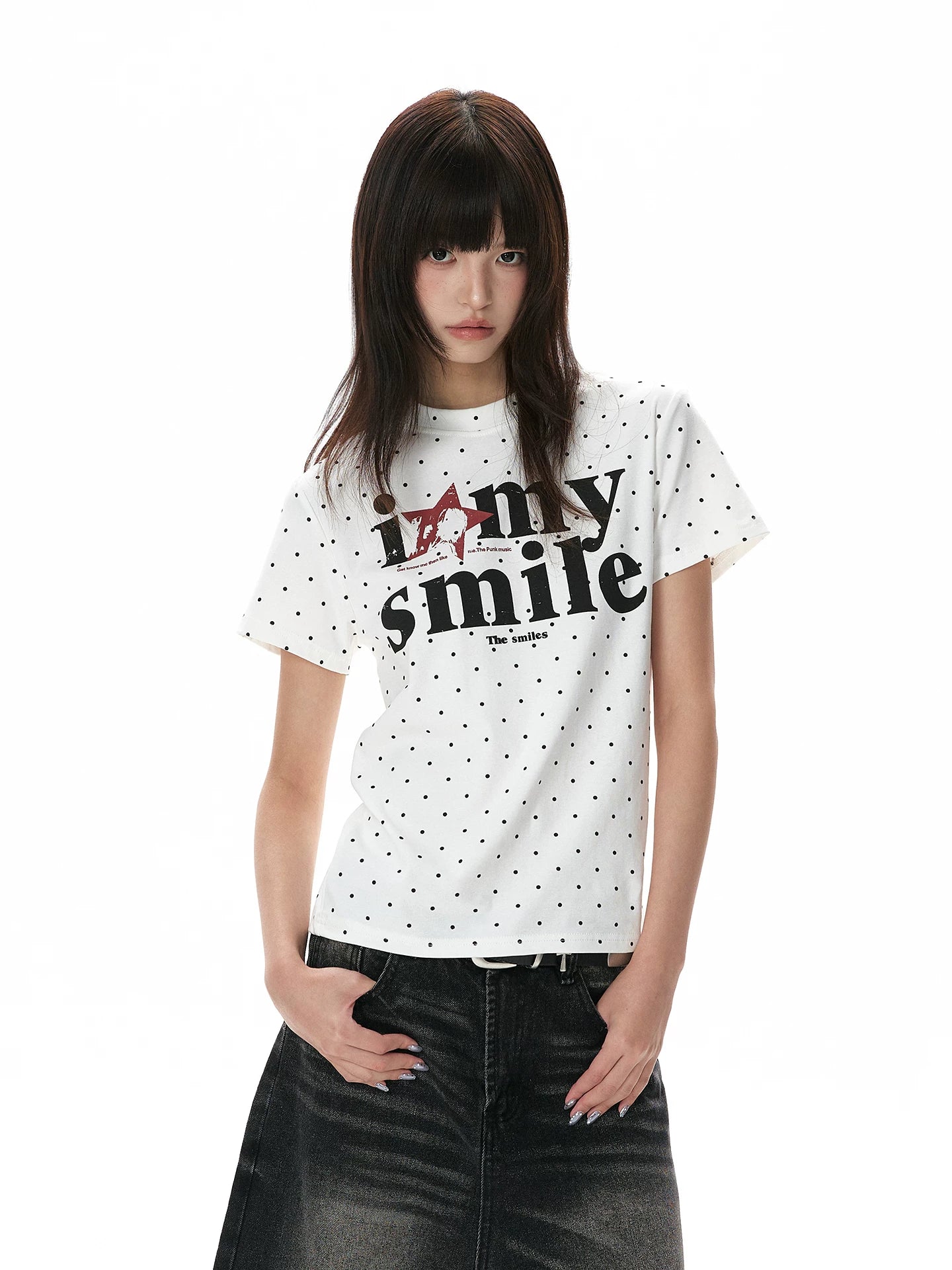 A PUEE Retro Polka Dot Round Neck Front Shoulder Slim Tee