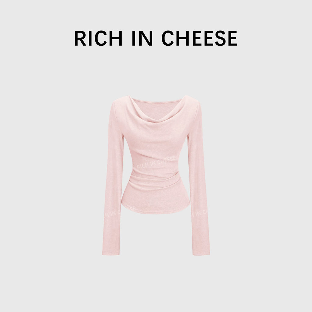 RICH IN CHEESE Pure Desire Swing Neck Knitted Waist Pleated Long Sleeves