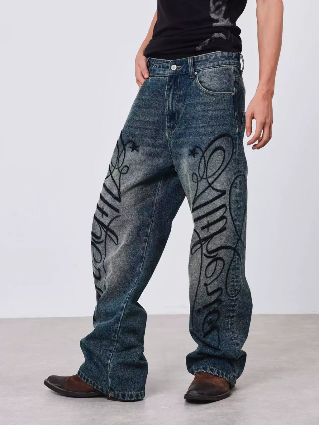 DETW Embroidered Print Vintage Loose Straight Jeans