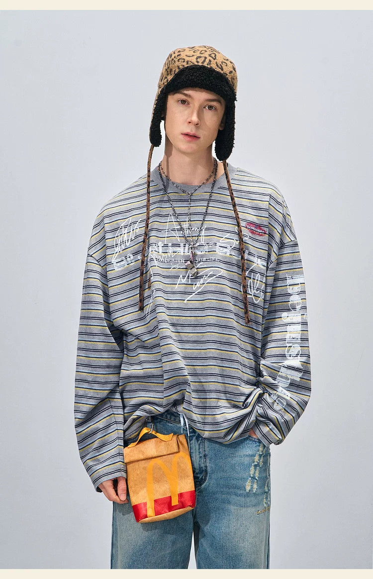 BJHG Striped Graffiti Print Knitted Sweater Couple Sweater