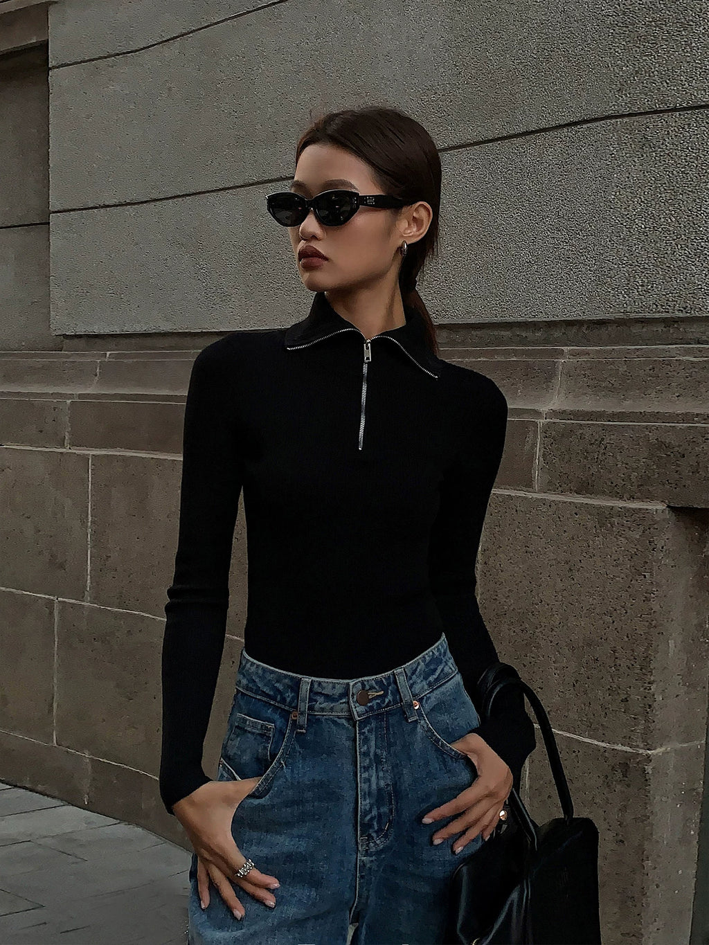 OUSPH Slim-fit Polo Neck Zipper Long-sleeved Knitted Sweater