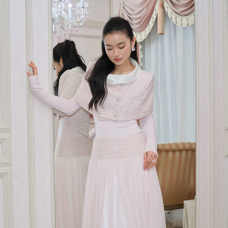 J TheChosen Satin Stand-Up Collar Shawl Mesh Skirt Set