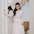 J TheChosen Satin Stand-Up Collar Shawl Mesh Skirt Set