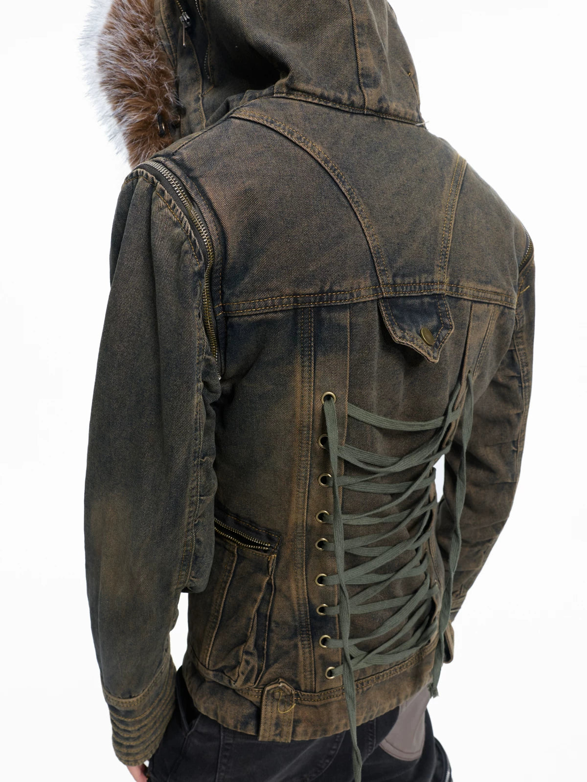Lightinus Removable Sleeve Fur Collar Two Wear Strap Waist Denim Jacket