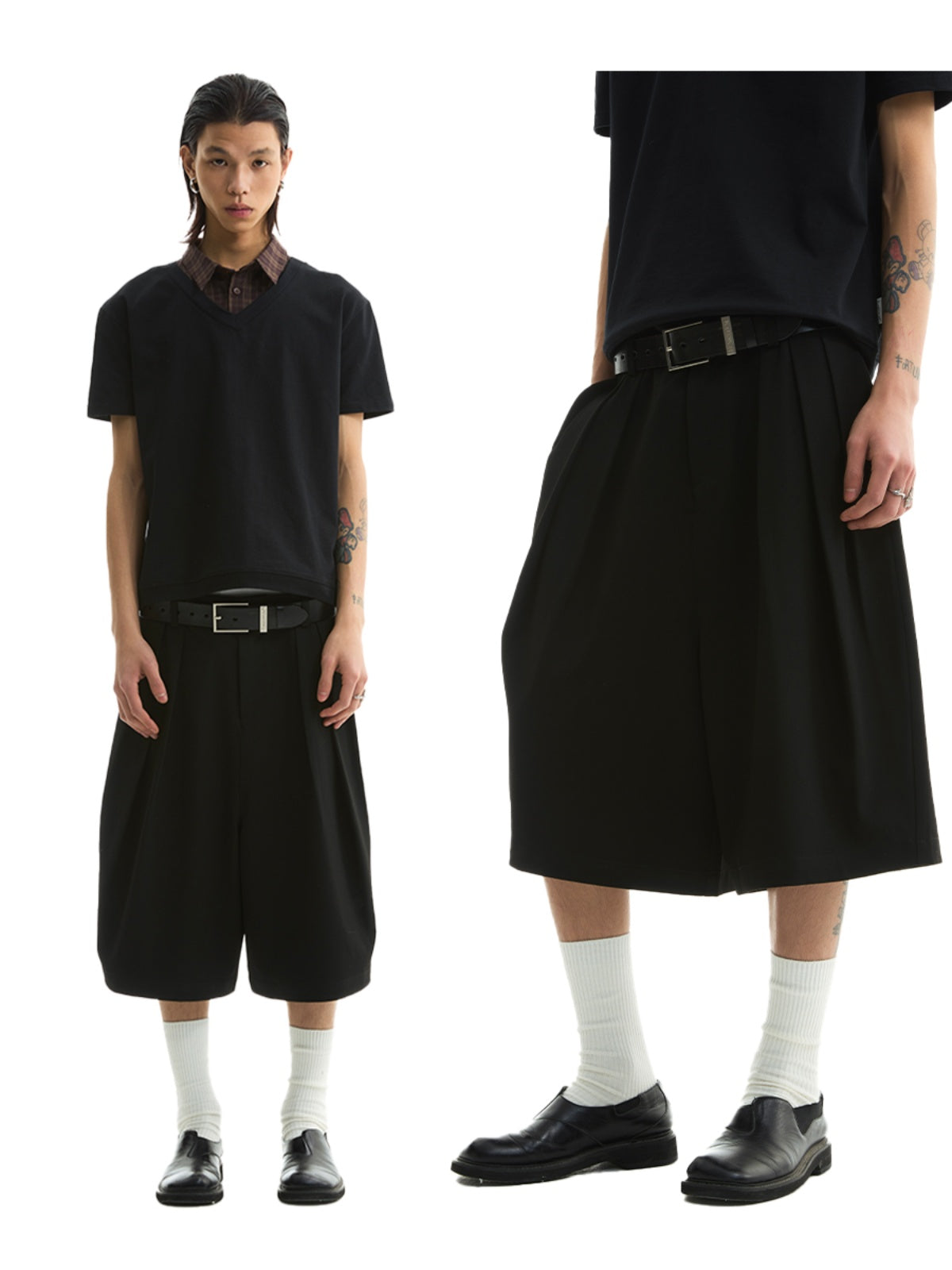 FUNKYFUN 2025SS Double-piece pleated design waistless wide five-point low-crotch trousers shorts