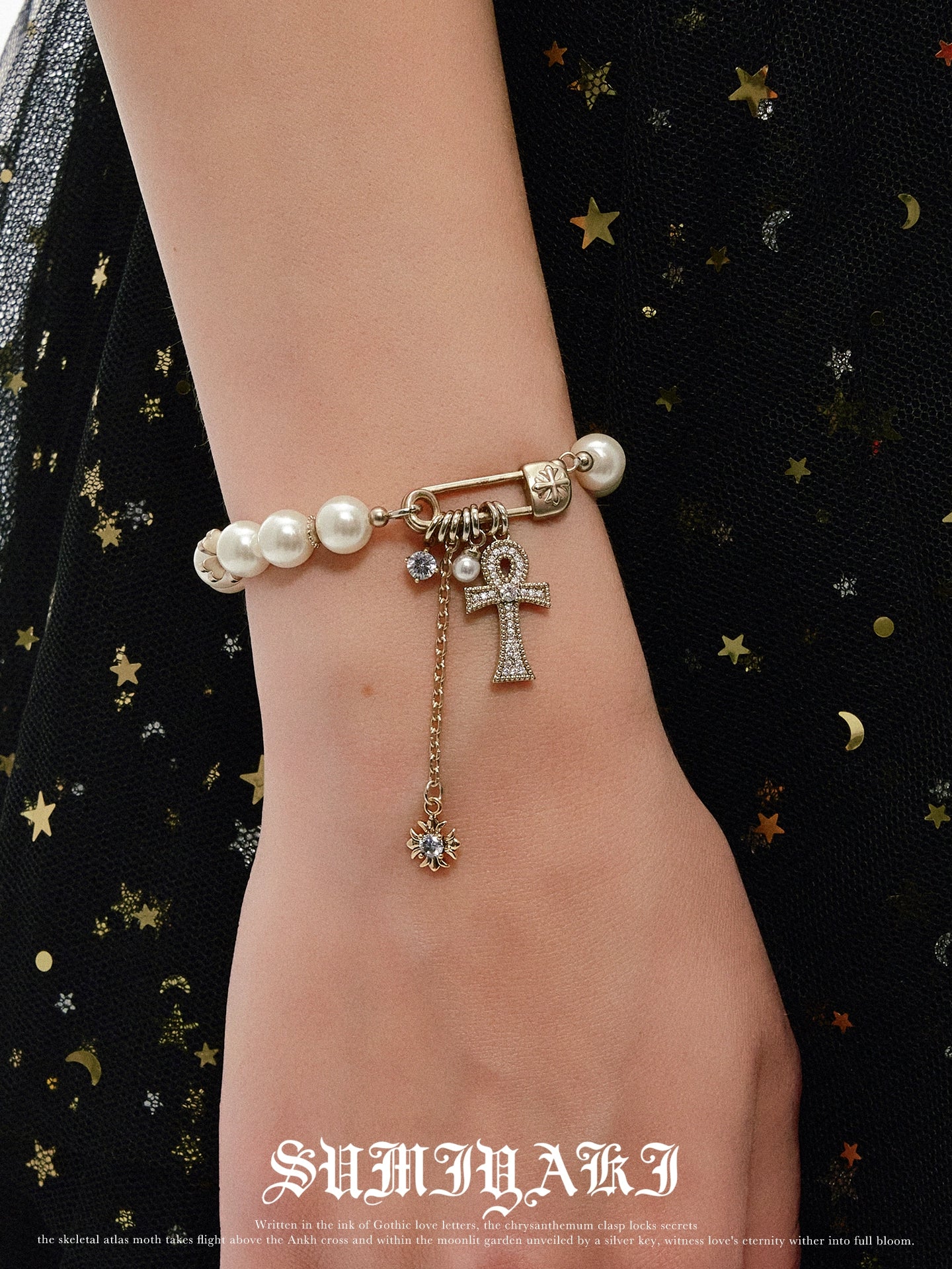 SUMIYAKI Full Diamond Cross Pearl Bracelet