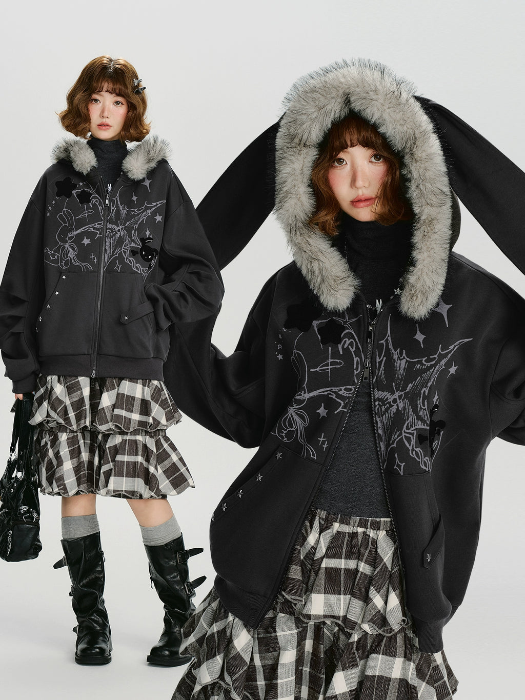 Girlyhalo Vintage Print Hooded Sweater Jacket