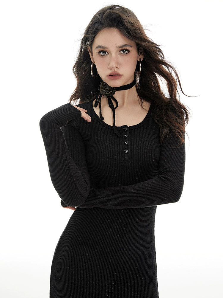 Imone Silver Rose Strap Finger Covers Long Sleeve Dress