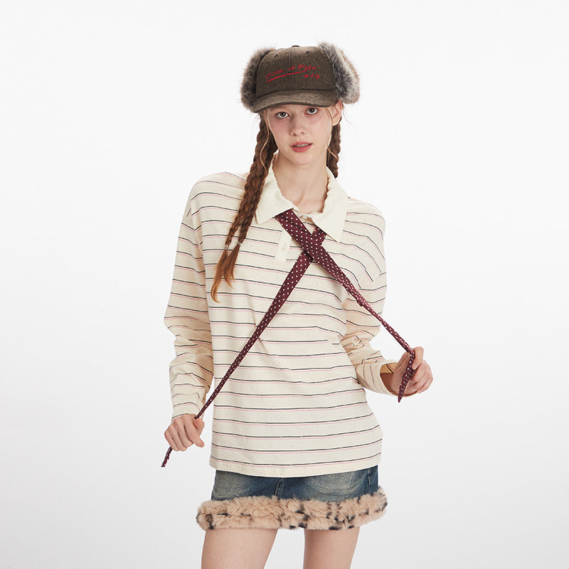 Nariele Hot Diamond Striped Loose Long Sleeve Polo Shirt