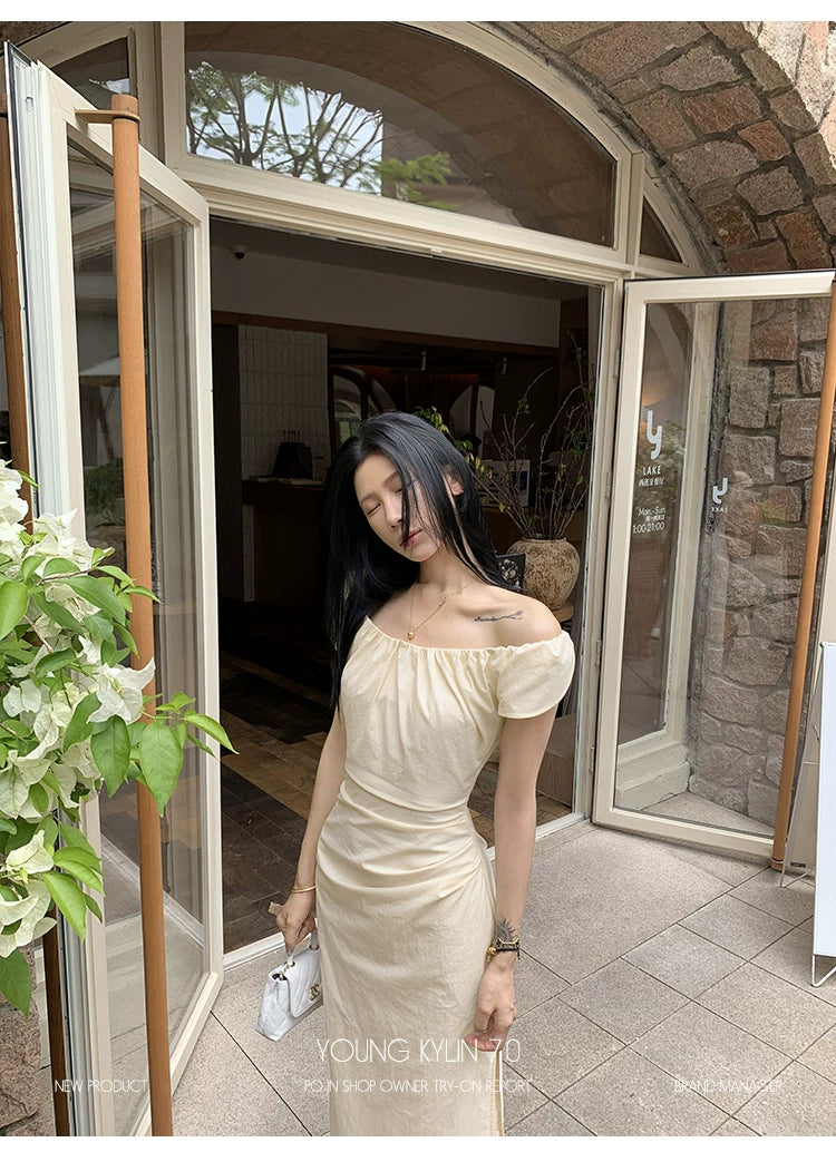 YOUNG KYLIN One-word Shoulder Waist Dress