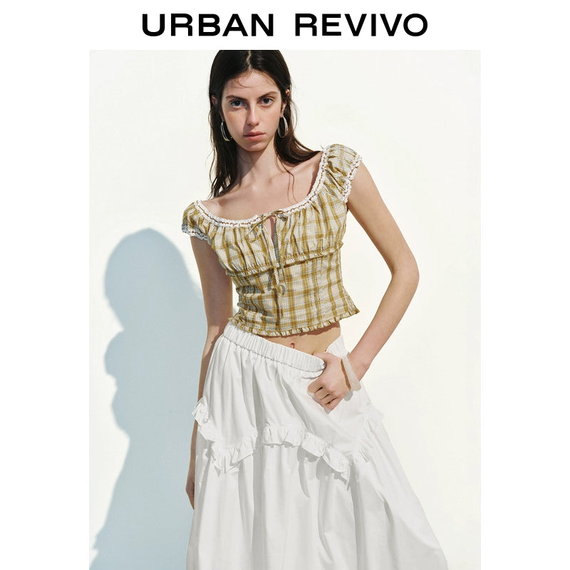 URBAN REVIVO Lace Fungus Edge Contrasting Plaid Blouse Shirt