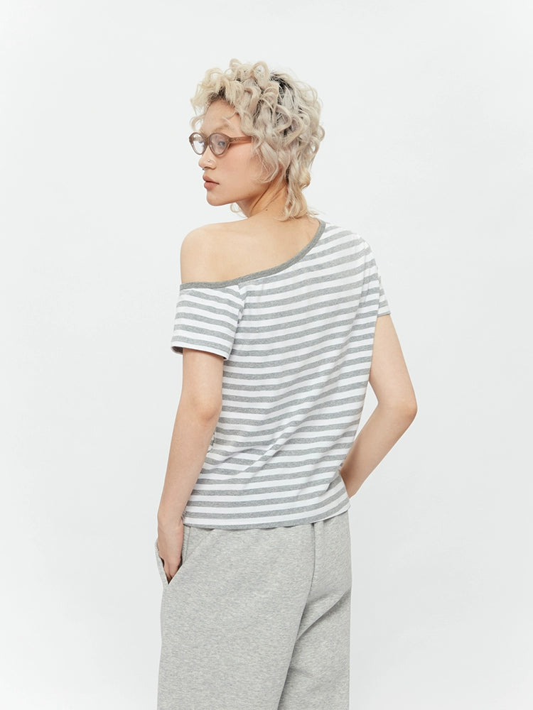 AIRHOOD Slanted Shoulder Striped Off-the-shoulder Tee