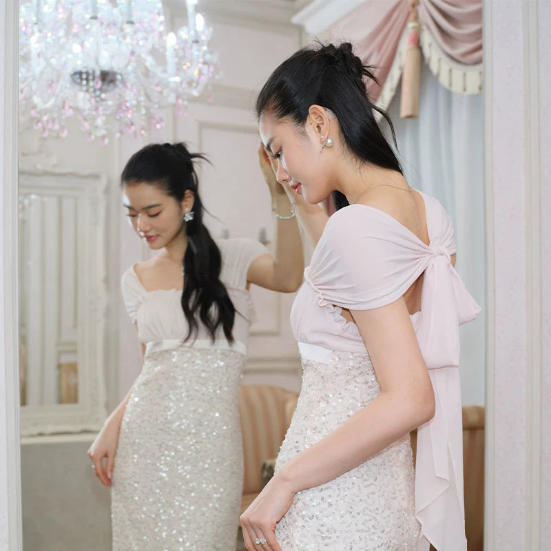 J TheChosen Sequined Streamer Stitching Bow Slim Dress