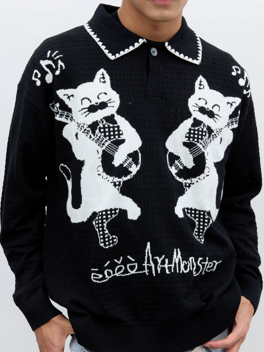 eeeeArtmonster Cat Jacquard Knitted Hollow Long Sleeve Blouse