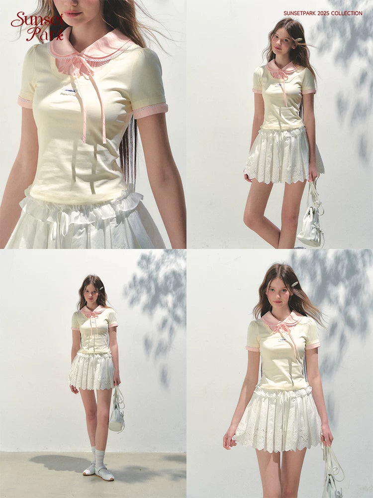 SunsetPark Doll Collar Stitching Knitted Tee