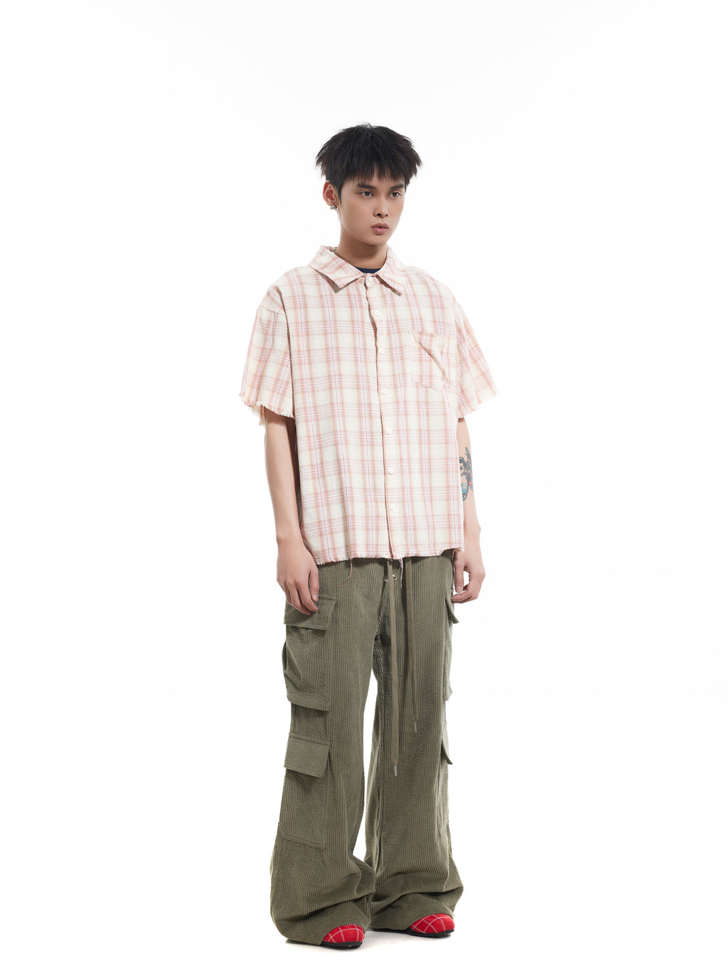 BTSG polished plaid burr short-sleeved shirt