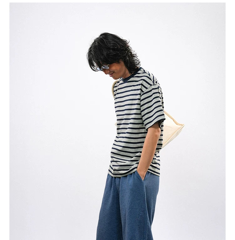 O3PARK Loose Versatile Crew Neck Striped Tee