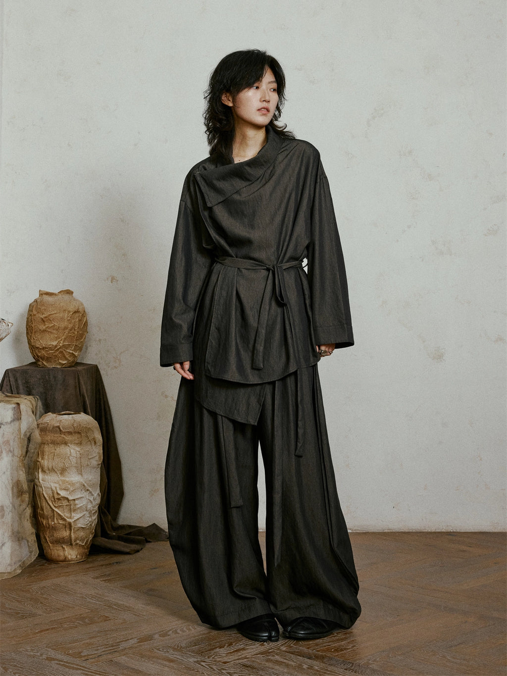 SUNYVONNE Diagonal Placket One-neck Shirt Zen Waist Lace-up Top