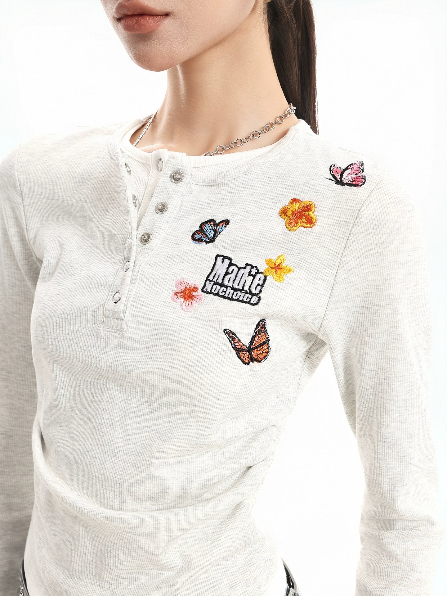Kenvibe Vintage Alphabet Butterfly Embroidery Fake Two Piece Long Sleeve