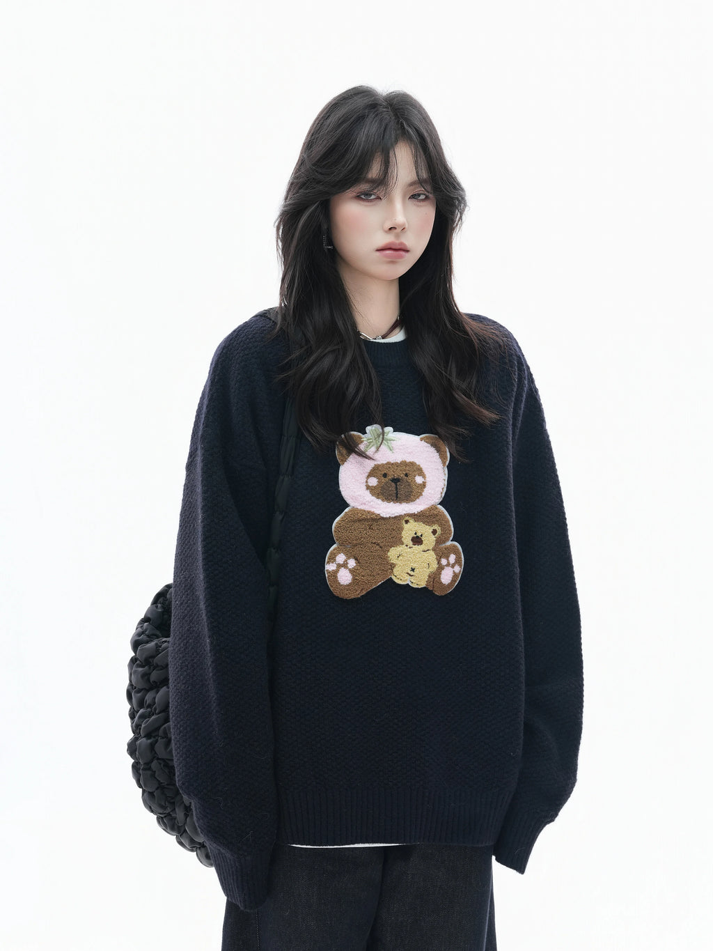Zuocisankon Slack Soft Waxy Towel Embroidered Bear Sweater