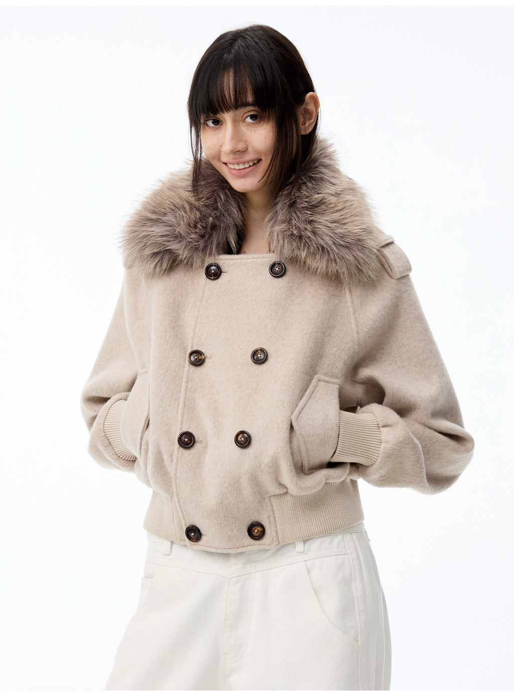 JCAESAR WOMEN Removable Fur Collar Double-breasted Short Woolen Coat