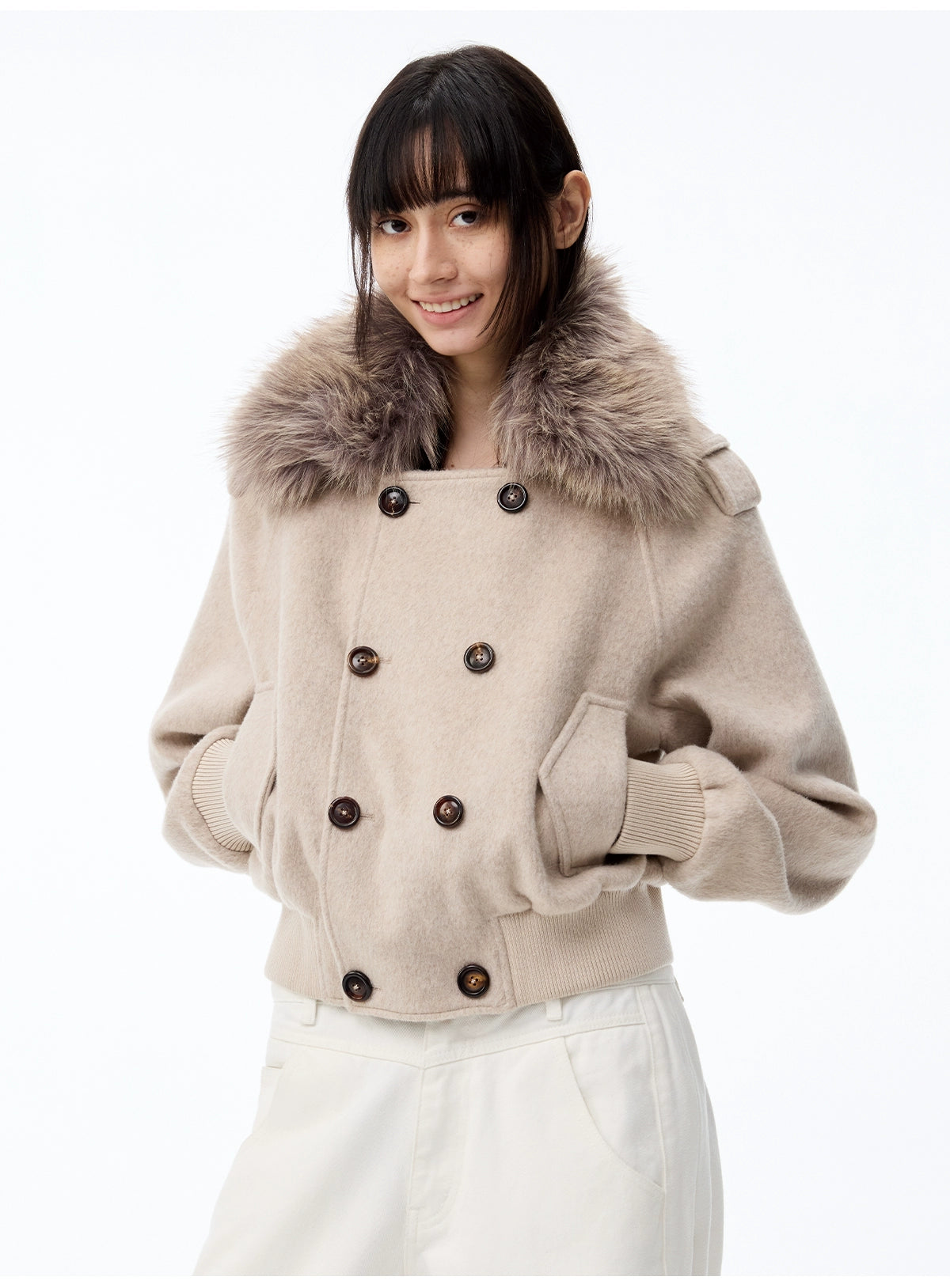 JCAESAR WOMEN Removable Fur Collar Double-breasted Short Woolen Coat
