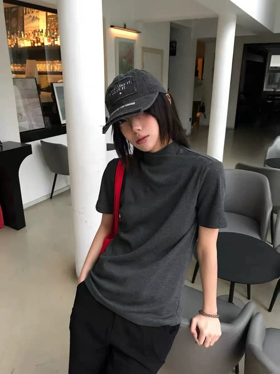 AMBSOM Crossed Jumpneck Front Shoulder Knitted Slim Fit Tee