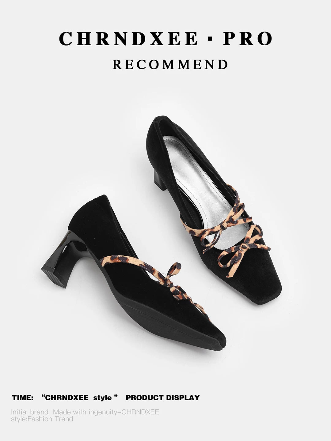 CHRNDXEE Niche Leopard Print Bow Suede High-heeled Shoes